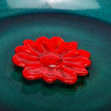 Topadorn Birdbath Ceramic Bowl Decor for Bee Bird Bath Outdoor Garden Vintage Yard,Blue with Red Flower