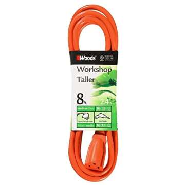 Woods 8Ft Light Duty Extension Cord, Heavy Duty, Durable Vinyl Jacket, Orange
