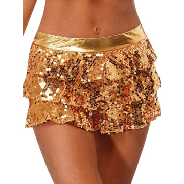 FEESHOW Women's Shiny Sequins Miniskirt Tiered Skirted Shorts Culottes Skirts Jazz Dancewear Gold On...