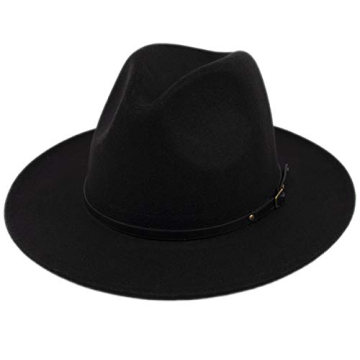 Lanzom Women’s Stylish Wide Brim Fedora Hat - Black