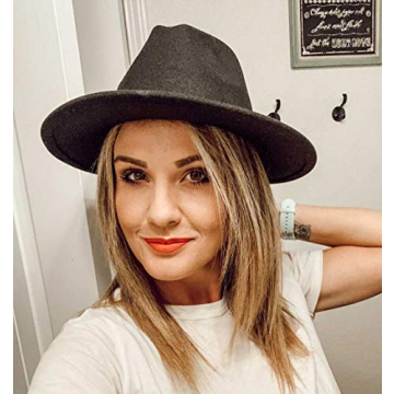 Lanzom Women’s Stylish Wide Brim Fedora Hat - Black