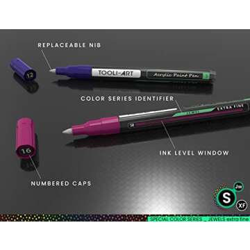 TOOLI-ART Acrylic Paint Markers Paint Pens Special Colors Set For Rock Painting, Canvas, Fabric, Glass, Mugs, Wood, Ceramics, Plastic, Multi-Surface. Non Toxic, Water-based (JEWEL XF)