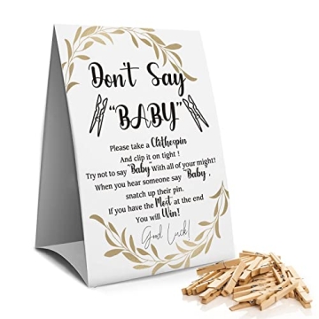 Muruseni Don't Say Baby Clothespin Games Sign and 50 Mini Clothespins for Baby Showers