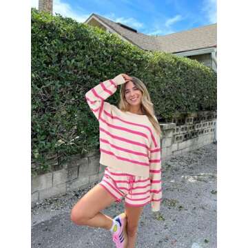 FAIRY SEASON Womens Spring Striped Lounge Sets Long Sleeve Sweater Tops and Shorts Set Pajamas 2 Piece Outfits Loungewear Pink