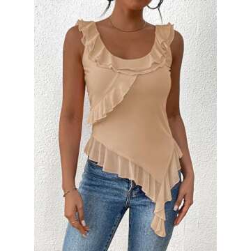 PRETTYGARDEN Women's Y2K Going Out Crop Top Summer Sleeveless Asymmetrical Mesh Tank Top Fitted Party Tops (Beige,Medium)