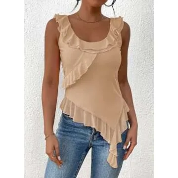 PRETTYGARDEN Women's Y2K Going Out Crop Top Summer Sleeveless Asymmetrical Mesh Tank Top Fitted Party Tops (Beige,Medium)