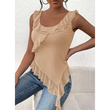 PRETTYGARDEN Women's Y2K Going Out Crop Top Summer Sleeveless Asymmetrical Mesh Tank Top Fitted Party Tops (Beige,Medium)