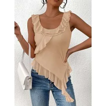 PRETTYGARDEN Women's Y2K Going Out Crop Top Summer Sleeveless Asymmetrical Mesh Tank Top Fitted Party Tops (Beige,Medium)