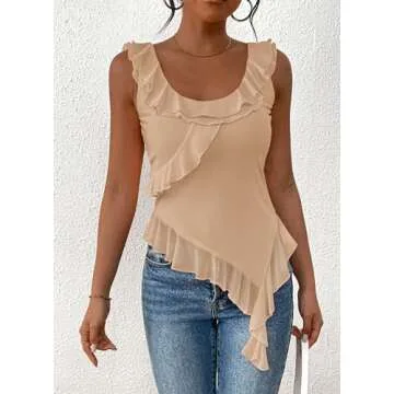 PRETTYGARDEN Women's Y2K Going Out Crop Top Summer Sleeveless Asymmetrical Mesh Tank Top Fitted Party Tops (Beige,Medium)