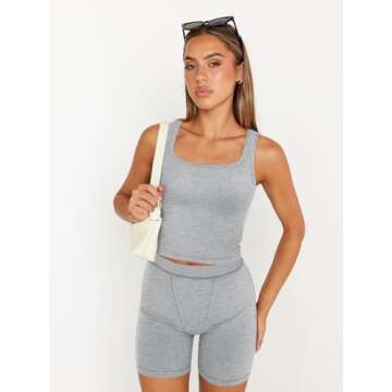 Trendy Queen 2 Piece Lounge Sets for Women Matching Workout Set Cropped Tank Tops and High Waist Yoga Leggings Active Wear, X-Large, Grey