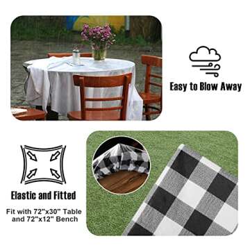 Gotron Fitted Picnic Table Cover with Bench Covers Elastic Edges and Storage Bag, Vinyl Waterproof Table Cloths Flannel Backing More Cushion Camping Accessories and Essentials, 72x30 Inches, Black
