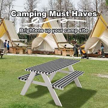 Gotron Fitted Picnic Table Cover with Bench Covers Elastic Edges and Storage Bag, Vinyl Waterproof Table Cloths Flannel Backing More Cushion Camping Accessories and Essentials, 72x30 Inches, Black