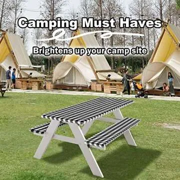 Gotron Fitted Picnic Table Cover with Bench Covers Elastic Edges and Storage Bag, Vinyl Waterproof Table Cloths Flannel Backing More Cushion Camping Accessories and Essentials, 72x30 Inches, Black