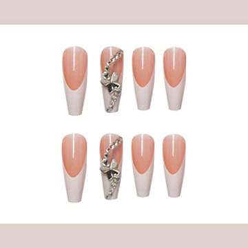 YoYoee Long French Fake Nails - Coffin Press on Nails Pink Ballerina False Nails Butterfly Tips for ...