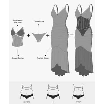 Popilush Cocktail Dresses for Women Wedding Guest Built in Shapewear Corset Dress Deep V Neck Mesh Ruched Bodycon Maxi Dress Black