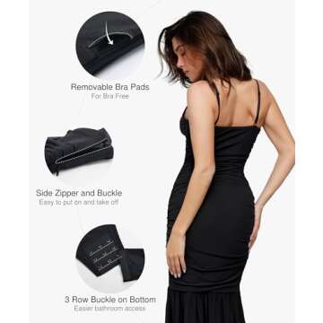 Popilush Cocktail Dresses for Women Wedding Guest Built in Shapewear Corset Dress Deep V Neck Mesh Ruched Bodycon Maxi Dress Black