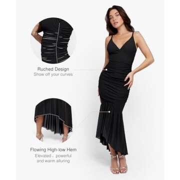 Popilush Cocktail Dresses for Women Wedding Guest Built in Shapewear Corset Dress Deep V Neck Mesh Ruched Bodycon Maxi Dress Black