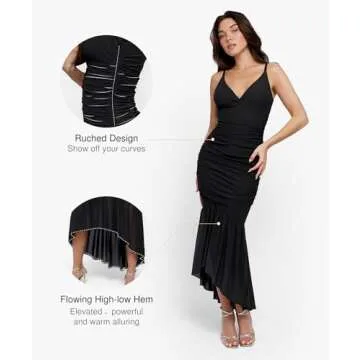 Popilush Cocktail Dresses for Women Wedding Guest Built in Shapewear Corset Dress Deep V Neck Mesh Ruched Bodycon Maxi Dress Black
