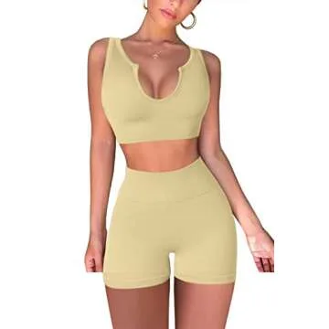 QINSEN FAFOFA Yoga Shorts for Women Bodycon 2 Piece Outfits GMY Fitness Sport Bra Workout Outfits Nude Beige S
