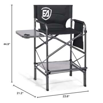 EVER ADVANCED 30.7" Seat Height Directors Chair for Makeup Artist with Side Table Easy Get in Out for Elderly Tall Camping Chair Supports 350lbs Black