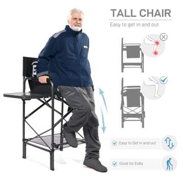 EVER ADVANCED 30.7" Seat Height Directors Chair for Makeup Artist with Side Table Easy Get in Out for Elderly Tall Camping Chair Supports 350lbs Black
