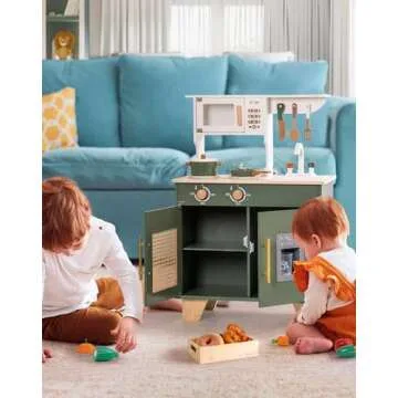 ROBUD Play Kitchen, Kids Kitchen Playset with Pretend Ice Cube Dispenser for Kids Aged 3+, Wooden Toy Kitchen of Birthday Gift to Kids, Vintage Green