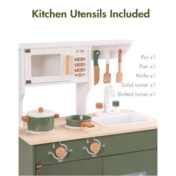 ROBUD Play Kitchen, Kids Kitchen Playset with Pretend Ice Cube Dispenser for Kids Aged 3+, Wooden Toy Kitchen of Birthday Gift to Kids, Vintage Green