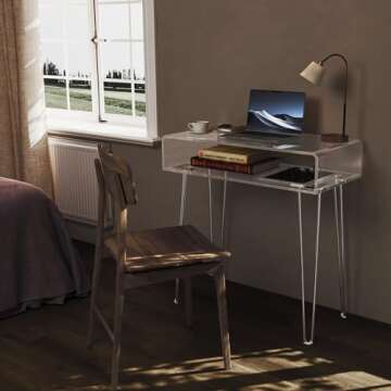 HMYHUM Small Acrylic Desk with Metal Legs, 31.5" L x 15.7" W x 31.2" H, Clear Desk for Laptop, Study...