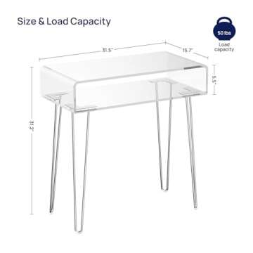 HMYHUM Small Acrylic Desk with Metal Legs, 31.5" L x 15.7" W x 31.2" H, Clear Desk for Laptop, Study, Writing for Home Office, Small Vanity Table, Modern, Easy Assembly