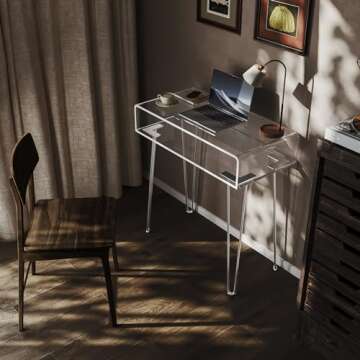 HMYHUM Small Acrylic Desk with Metal Legs, 31.5" L x 15.7" W x 31.2" H, Clear Desk for Laptop, Study, Writing for Home Office, Small Vanity Table, Modern, Easy Assembly