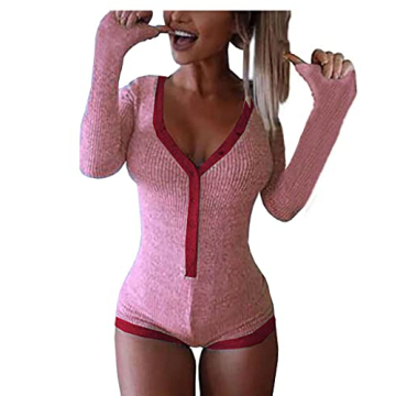 Roselux Women's Sexy Deep V Neck Shorts Long Sleeve Knitted One Piece Bodysuit