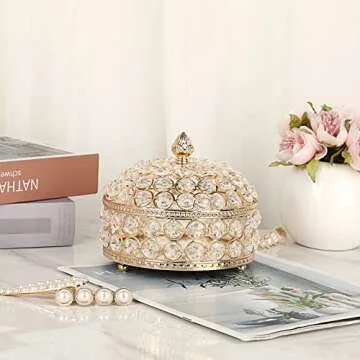 Hipiwe Crystal Jewelry Box Jewelry Trinket Organizer Box Gold Treasure Box Luxury Home Decor Ring Ea...