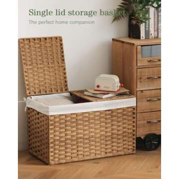 SETVSON Storage Basket with Lid Woven Storage Basket with 2 Separate Lid, 17.2 Gallon (65 L) Rattan ...