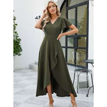 Long Black Formal Dresses for Women Gowns Evening Party Cocktail Dress,Split Elegant V Neck Wrap Ruffle Wedding Guest Dresses