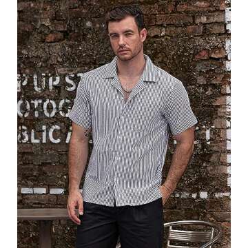 VATPAVE Mens Striped Summer Shirt Casual Button Down Short Sleeve Beach Shirts Cotton Linen Shirts f...