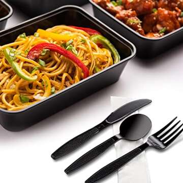MT Products Black Individually Wrapped Plastic Cutlery Set - Disposable Heavy Weight Utensils - Pack...