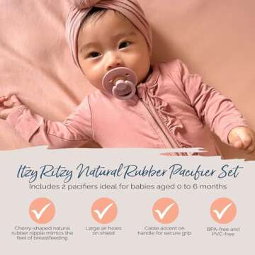 Itzy Ritzy Natural Rubber Pacifiers, Set of 2 – Natural Rubber Newborn Pacifiers with Cherry-Shaped Nipple & Large Air Holes for Added Safety; Set of 2 in Blossom & Rosewood, Ages 0 – 6 Months
