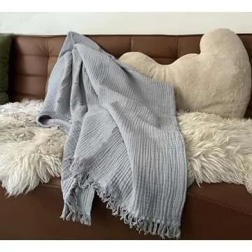 KyraHome 100% Organic Cotton 55"x60" Muslin Throw Blankets for Couch, Adult, Hand-Plant Dyed Breathable Soft Cozy Lightweight Gauze Blanket, All Season (Cool Light Grey)