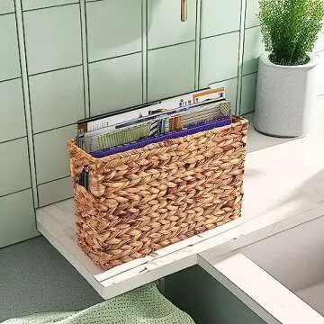 Yesland Hand-Woven Magazine Basket, Natural Narrow Water Hyacinth Holder Magazine Wicker Basket,15.5 x 5.5 x 9.75 Inch Decorative Magazine Storage Basket Bin for Home, Office, Desk