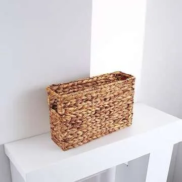 Yesland Hand-Woven Magazine Basket, Natural Narrow Water Hyacinth Holder Magazine Wicker Basket,15.5 x 5.5 x 9.75 Inch Decorative Magazine Storage Basket Bin for Home, Office, Desk