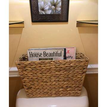 Yesland Hand-Woven Magazine Basket, Natural Narrow Water Hyacinth Holder Magazine Wicker Basket,15.5 x 5.5 x 9.75 Inch Decorative Magazine Storage Basket Bin for Home, Office, Desk