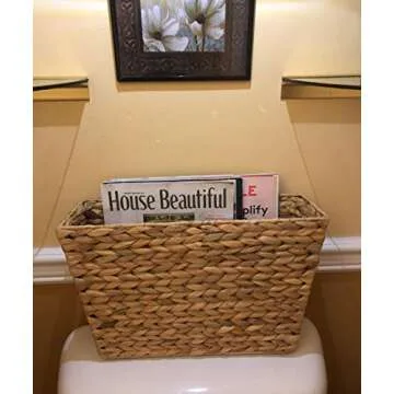 Yesland Hand-Woven Magazine Basket, Natural Narrow Water Hyacinth Holder Magazine Wicker Basket,15.5 x 5.5 x 9.75 Inch Decorative Magazine Storage Basket Bin for Home, Office, Desk