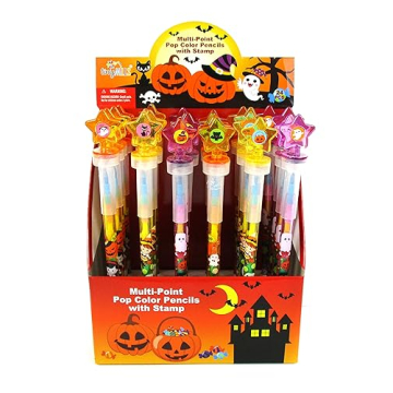 TINYMILLS 24 Pcs Halloween 2 in 1 Stackable Stacking Crayon with Extra Stamper Topper, Bulk Hallowee...