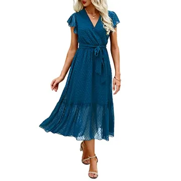BTFBM Women Summer Bohemian Floral Casual Wrap V Neck Ruffle Cap Sleeveless Belt A-Line Pleated Hem ...
