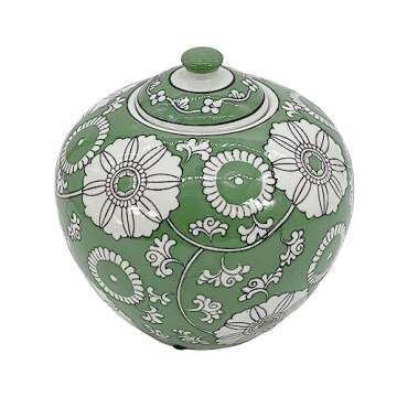Galt International 8" Green Floral Chinoiserie Jar w/Lid Decorative Ginger Jar Centerpiece Tea Storage Candy Jar Home Decor Vase
