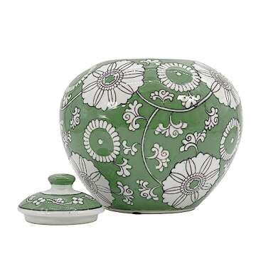 Galt International 8" Green Floral Chinoiserie Jar w/Lid Decorative Ginger Jar Centerpiece Tea Storage Candy Jar Home Decor Vase