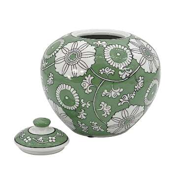 Galt International 8" Green Floral Chinoiserie Jar w/Lid Decorative Ginger Jar Centerpiece Tea Storage Candy Jar Home Decor Vase