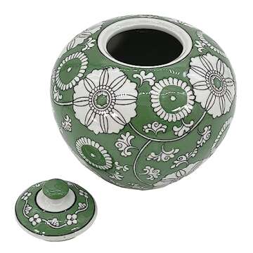 Galt International 8" Green Floral Chinoiserie Jar w/Lid Decorative Ginger Jar Centerpiece Tea Storage Candy Jar Home Decor Vase