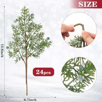 Lyrow 24 Pcs Christmas Artificial Juniper Cedar Branches Picks Spray with Berry Faux Greenery Spray Branches Cedar Twig Stems for Holiday Winter Ornament Crafts Wreath Garland (Natural Style)