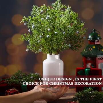 Lyrow 24 Pcs Christmas Artificial Juniper Cedar Branches Picks Spray with Berry Faux Greenery Spray Branches Cedar Twig Stems for Holiday Winter Ornament Crafts Wreath Garland (Natural Style)